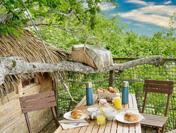 Cabane dans les arbres avec table en bois, petit-déjeuner en plein air et vue verdoyante.