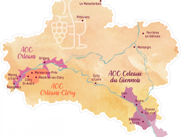 Carte des AOC de la Loire, mettant en avant les régions viticoles et leurs spécialités.