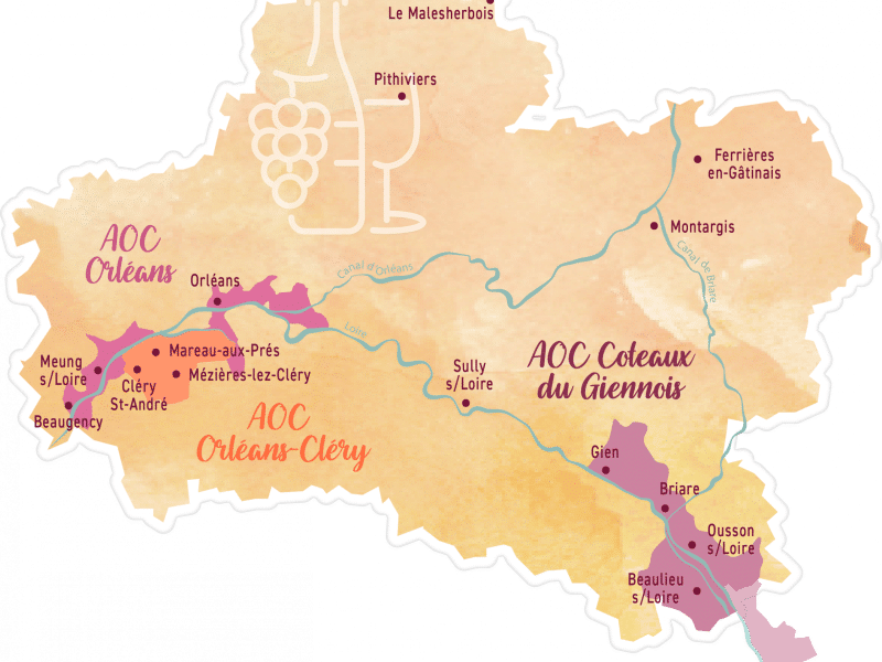 Carte des AOC de la Loire, mettant en avant les régions viticoles et leurs spécialités.