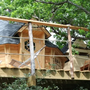 Cabane perchée dans les arbres, en bois, avec terrasse ensoleillée.