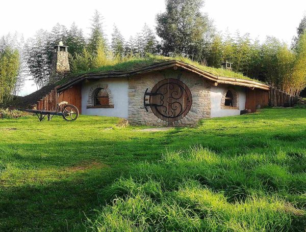 Hébergement insolite : maison en terre avec toit végétal, entourée de verdure.