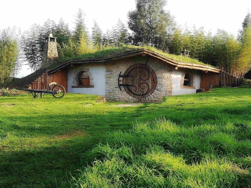 Hébergement insolite : maison en terre avec toit végétal, entourée de verdure.