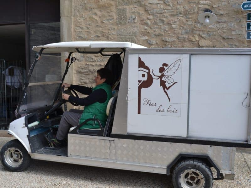 Véhicule électrique de service dans un hébergement touristique en pleine nature.