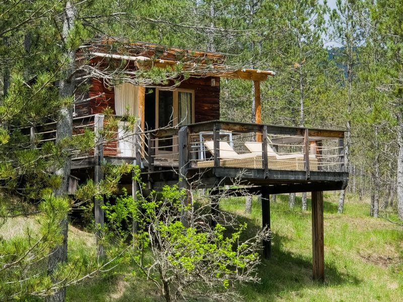 Cabane sur pilotis en bois, entourée de verdure, avec terrasse ensoleillée.