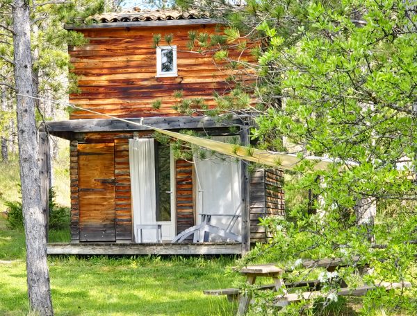 Cabane en bois entourée darbres, avec une terrasse et des chaises confortables.