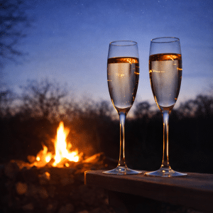 Flûtes de champagne et feu de bois au crépuscule