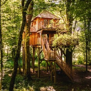 Cabane dans les arbres en bois, perchée au milieu dune forêt verdoyante.